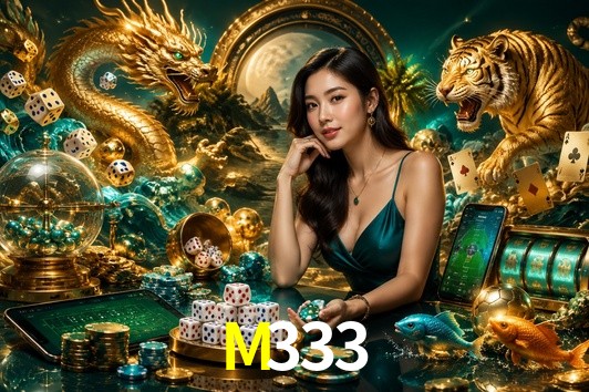 Una escena digital vívida inspirada en casino con M333 mostrado prominentemente, luces brillantes, fichas, cartas y acentos dorados.