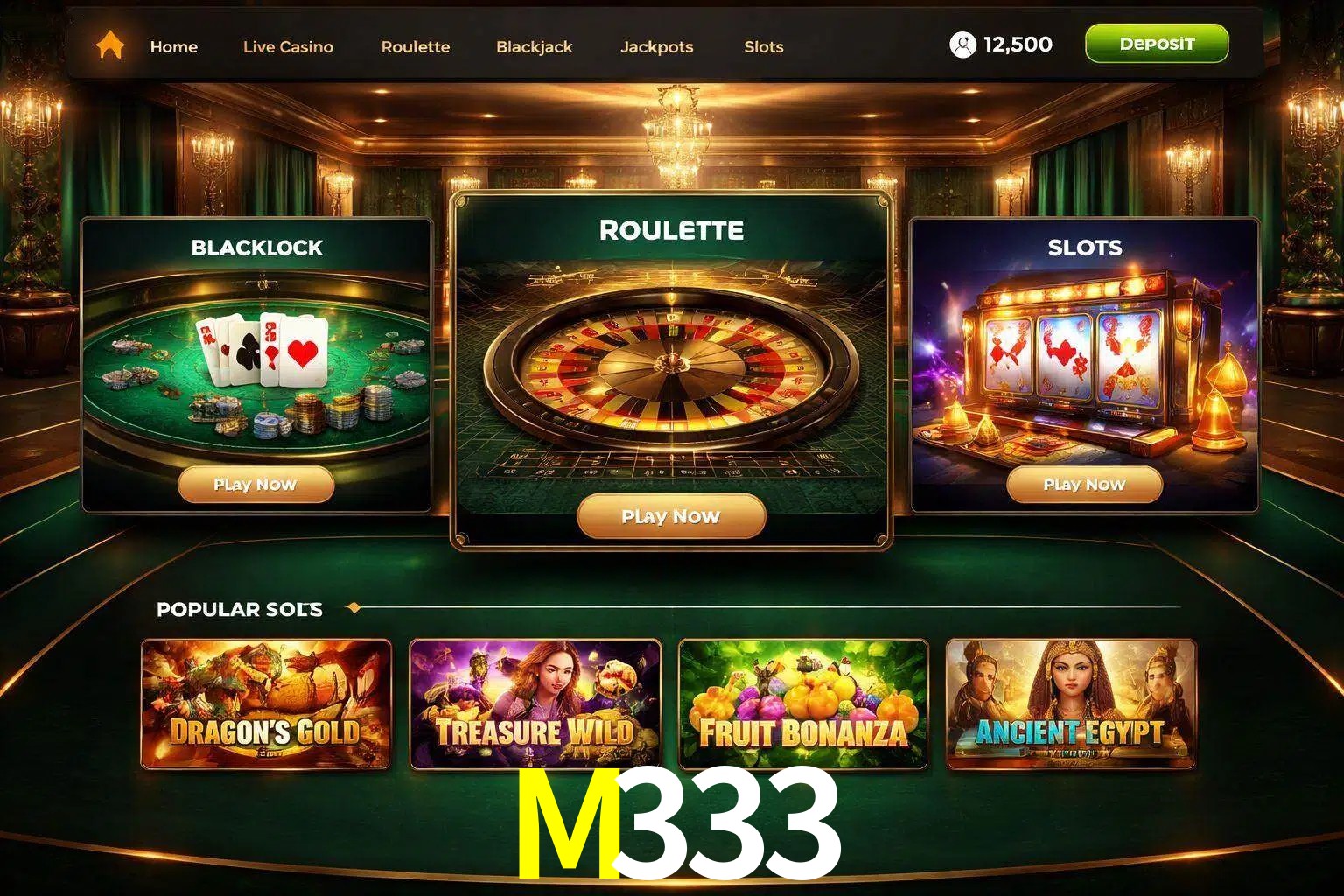 Vista de la plataforma M333 Casino mostrando categorías organizadas de juegos en línea
