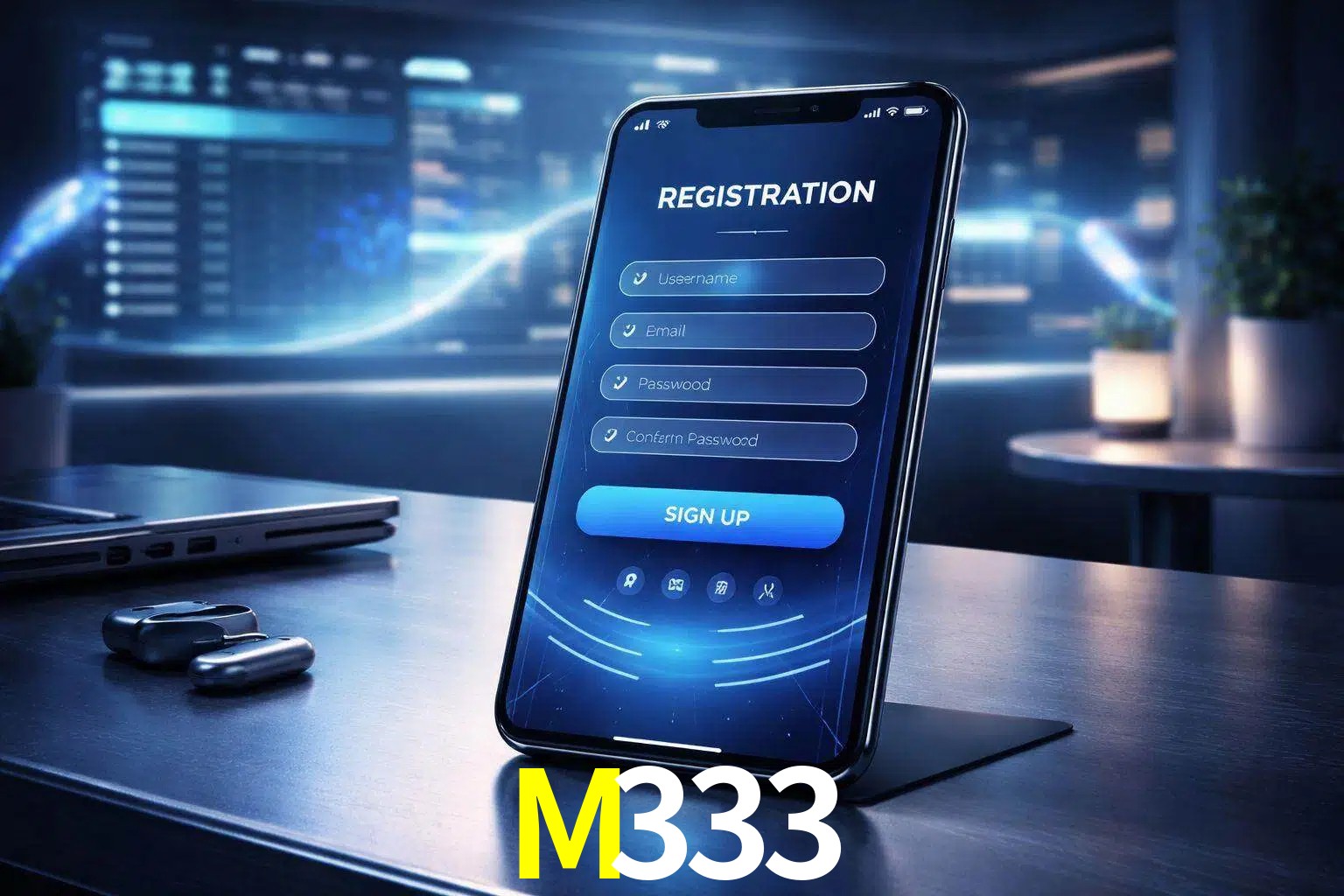 Una interfaz moderna de registro móvil para M333 mostrada en un smartphone con un panel de apuestas elegante.